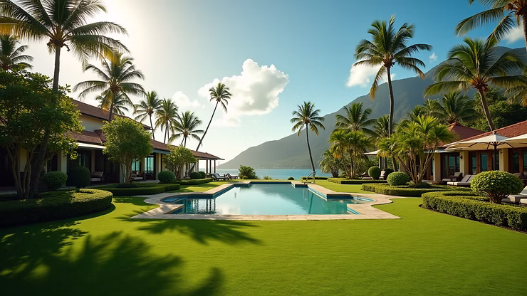 A luxurious tropical beach resort with a pool and a view